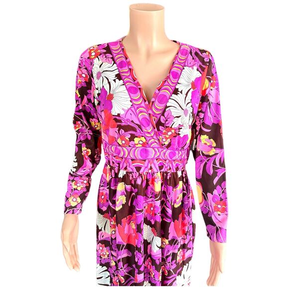 Vintage 60s 70s Psychedelic Mod Style Pink Mod Flower Maxi Dress Hostess Gown - Picture 4 of 16